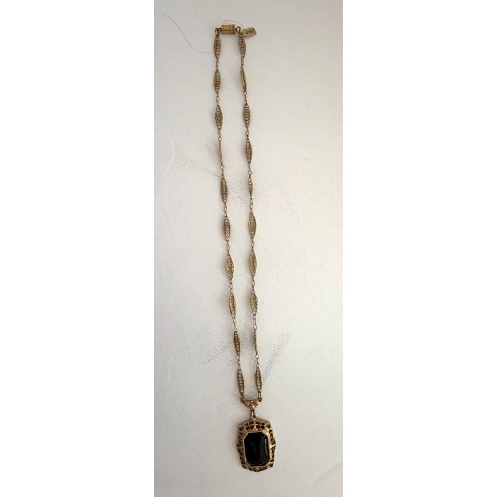 1928 Necklace Gold Tone Filigree Black Emerald Shaped Pendant
